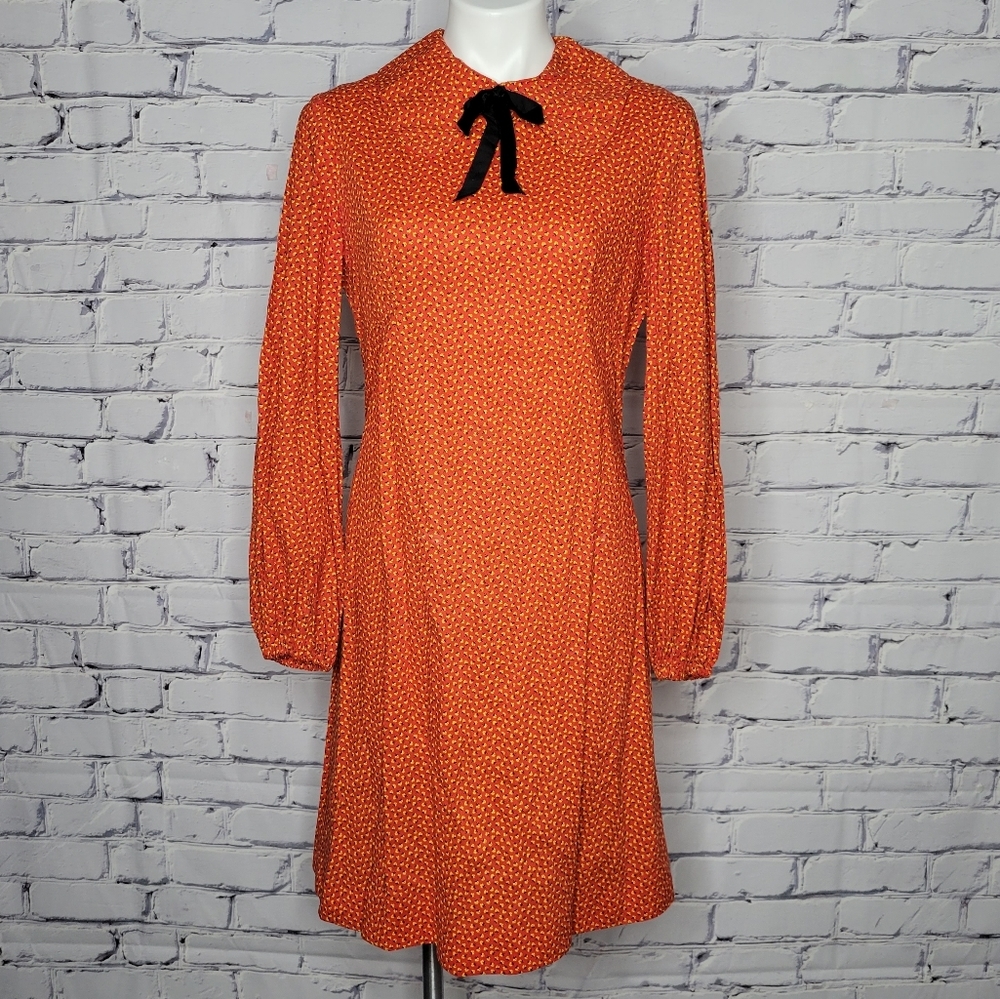 Women's Orange Long-Sleeve Bow Detail Dress